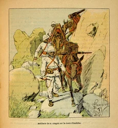 La guerra in Madagascar - Storia aneddotica delle spedizioni francesi del 1885-1895 di Henri Galli detto Galllichet, illustrato da Louis Bombled: Artiglieria da montagna sulla strada di Andriba per il Madagascar nel 1895