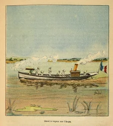 La guerra in Madagascar - Storia aneddotica delle spedizioni francesi del 1885-1895 di Henri Galli detto Galllichet, illustrato da Louis Bombled: Canoniere francese sul fiume Ikopa in Madagascar nel 1895