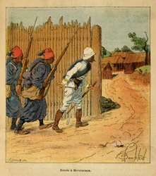 La guerra in Madagascar - Storia aneddotica delle spedizioni francesi del 1885-1895 di Henri Galli detto Galllichet, illustrato da Louis Bombled: Truppe francesi entrano nel villaggio di Mevatanana nel 1895