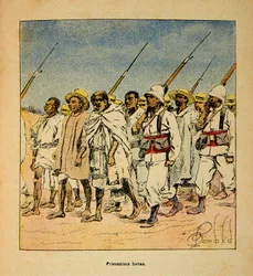 La guerra in Madagascar - Storia aneddotica delle spedizioni francesi del 1885-1895 di Henri Galli dit Galllichet (1854-1922), illustrata da Louis Bombled (1862-1927): Prigionieri Hovas nel 1895