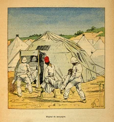 La guerra in Madagascar - Storia aneddotica delle spedizioni francesi del 1885-1895 di Henri Galli dit Galllichet (1854-1922), illustrata da Louis Bombled (1862-1927): Ospedale da campo militare in Madagascar nel 1895