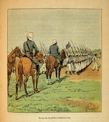 La guerra in Madagascar - Storia aneddotica delle spedizioni francesi del 1885-1895 di Henri Galli dit Galllichet (1854-1922), illustrata da Louis Bombled (1862-1927): Rivista delle truppe 14 luglio