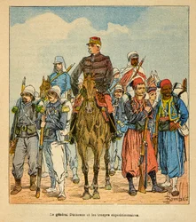 La guerra in Madagascar - Storia aneddotica delle spedizioni francesi del 1885-1895 di Henri Galli dit Galllichet (1854-1922), illustrata da Louis Bombled (1862-1927): Generale Duchesne con le truppe di spedizione in Madagascar