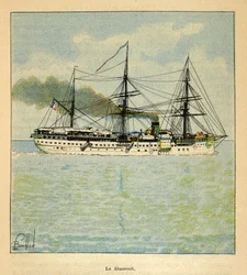 La guerra in Madagascar - Storia aneddotica delle spedizioni francesi del 1885-1895 di Henri Galli dit Galllichet (1854-1922), illustrata da Louis Bombled (1862-1927): La nave ospedale Shamrock in rotta verso il Madagascar