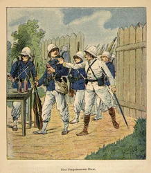 La guerra in Madagascar - Storia aneddotica delle spedizioni francesi del 1885-1895 di Henri Galli dit Galllichet (1854-1922), illustrata da Louis Bombled (1862-1927): Truppe francesi al veleno Shaw nel 1884 (pastore metodista inglese che aveva lasciato bo