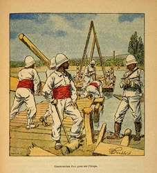 La guerra in Madagascar: Storia aneddotica delle spedizioni francesi del 1885-1895 di Henri Galli, illustrata da Louis Bombled: Costruzione di un ponte sul fiume Ikopa nel 1895, Collezione privata