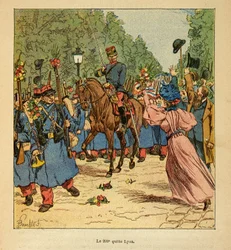 La guerra in Madagascar: Storia aneddotica delle spedizioni francesi del 1885-1895 di Henri Galli, illustrata da Louis Bombled: Il 200° reggimento parte da Lione per il Madagascar nel 1895, Collezione privata