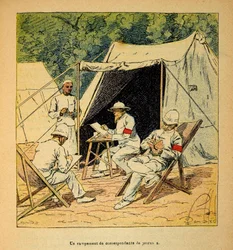 La guerra in Madagascar - Storia aneddotica delle spedizioni francesi del 1885-1895 di Henri Galli detto Galllichet (1854-1922), illustrato da Louis Bombled (1862-1927): Un campo di corrispondenti di giornali in Madagascar nel 1895