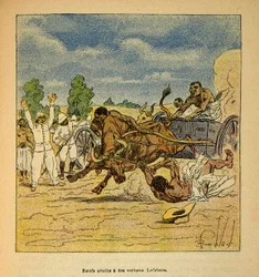La guerra in Madagascar - Storia aneddotica delle spedizioni francesi del 1885-1895 di Henri Galli detto Galllichet (1854-1922), illustrato da Louis Bombled (1862-1927): Buoi raggiunti da carri Lefebvre