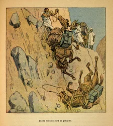 La Guerra in Madagascar-Storia Aneddotica delle Spedizioni Francesi del 1885-1895 di Henri Galli detto Galllichet (1854-1922), illustrata da Louis Bombled (1862-1927): Muli di un convoglio militare che cadono in un precipizio, Collezione Privata