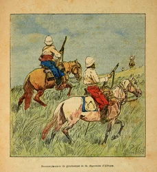 La guerra in Madagascar-Storia aneddotica delle spedizioni francesi del 1885-1895 di Henri Galli, illustrato da Louis Bombled: Riconoscimento di gendarmi e cacciatori dall