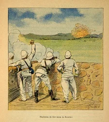 La guerra in Madagascar-Storia aneddotica delle spedizioni francesi del 1885-1895 di Henri Galli, illustrato da Louis Bombled: Esplosione del Forte Hova a Farafate nel 1895