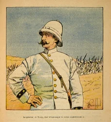 La guerra in Madagascar-Storia aneddotica delle spedizioni francesi del 1885-1895 di Henri Galli, illustrato da Louis Bombled: Ritratto del generale De Torcy (1844-1918), capo di stato maggiore della forza di spedizione in Madagascar