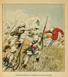 La guerra in Madagascar-Storia aneddotica delle spedizioni francesi del 1885-1895 di Henri Galli, illustrato da Louis Bombled: Il tenente Grss uccide un capo Hova durante le battaglie di Tsarasaotra nel 1895