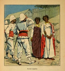 La guerra in Madagascar-Storia aneddotica delle spedizioni francesi del 1885-1895 di Henri Galli, illustrato da Louis Bombled: Soldati francesi che simpatizzano con donne malgasce