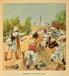 La guerra in Madagascar-Storia aneddotica delle spedizioni francesi del 1885-1895 di Henri Galli, illustrato da Louis Bombled: Costruzione di una strada in Madagascar da parte del Genio nel 1895