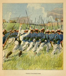 La guerra in Madagascar-Storia aneddotica delle spedizioni francesi del 1885-1895 di Henri Galli, illustrato da Louis Bombled: Truppe francesi durante le battaglie di Antanamitarana nel 1895