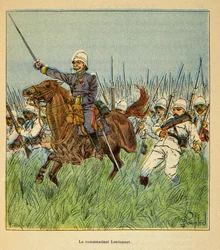 La Guerra in Madagascar-Storia Aneddotica delle Spedizioni Francesi del 1885-1895 di Henri Galli detto Galllichet (1854-1922), illustrato da Louis Bombled (1862-1927): Il Comandante Lentonnet (1840-1896) con le truppe francesi durante la difesa di Tsarasao