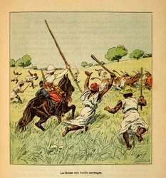 La guerra in Madagascar-Storia aneddotica delle spedizioni francesi del 1885-1895 di Henri Galli detto Galllichet (1854-1922), illustrato da Louis Bombled (1862-1927): La caccia ai buoi selvatici in Madagascar nel 1895, Collezione privata