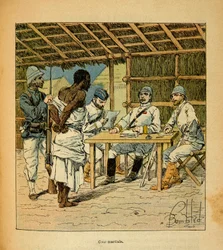 La guerra in Madagascar-Storia aneddotica delle spedizioni francesi del 1885-1895 di Henri Galli detto Galllichet (1854-1922), illustrato da Louis Bombled (1862-1927): Interrogatorio di un prigioniero Hovas da parte dei francesi, Collezione privata