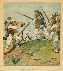 La guerra in Madagascar-Storia aneddotica delle spedizioni francesi del 1885-1895 di Henri Galli detto Galllichet (1854-1922), illustrato da Louis Bombled (1862-1927): I 40° cacciatori a piedi durante i combattimenti a Beritza nel 1895, Collezione privata