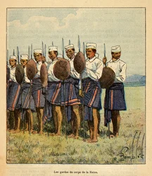 La guerra in Madagascar-Storia aneddotica delle spedizioni francesi del 1885-1895 di Henri Galli detto Galllichet (1854-1922), illustrato da Louis Bombled (1862-1927): Guardie della regina Ranavalona, Collezione privata
