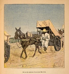 La guerra in Madagascar-Storia aneddotica delle spedizioni francesi del 1885-1895 di Henri Galli detto Galllichet (1854-1922), illustrato da Louis Bombled (1862-1927): Convoglio di malati in fuga su Marololo, Collezione privata