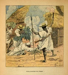 La guerra in Madagascar-Storia aneddotica delle spedizioni francesi del 1885-1895 di Henri Galli detto Galllichet (1854-1922), illustrato da Louis Bombled (1862-1927): Hovas che bruciano villaggi, Collezione privata