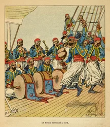 La guerra in Madagascar-Storia aneddotica delle spedizioni francesi del 1885-1895 di Henri Galli detto Galllichet (1854-1922), illustrato da Louis Bombled (1862-1927): La nouba dei turcos a bordo della nave in viaggio verso il Madagascar, Collezione privat