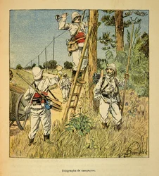 La guerra in Madagascar - Storia aneddotica delle spedizioni francesi del 1885-1895 di Henri Galli dit Galllichet (1854-1922), illustrata da Louis Bombled (1862-1927): Implementazione del telegrafo di campagna da parte dei militari in Madagascar nel 1895