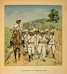 La guerra in Madagascar-Storia aneddotica delle spedizioni francesi del 1885-1895 di Henri Galli, illustrato da Louis Bombled: Costruzione di una strada in Madagascar, inizio della corvée