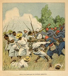 La guerra in Madagascar - Storia aneddotica delle spedizioni francesi del 1885-1895 di Henri Galli dit Galllichet (1854-1922), illustrata da Louis Bombled (1862-1927): I malgasci sequestrano un cannone durante le battaglie di Ambolomonty nel 1895