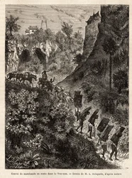 Un convoglio di mercanti e i loro portatori in rotta verso Yunnan (Cina), inciso dal disegno di L.Delaporte, per illustrare il viaggio di esplorazione in Indocina di Francis Garnier, tenente di nave, nel 1866-1868, pubblicato in "Le tour du monde" 1874