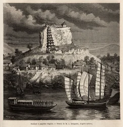 Una roccia con pagoda e varie barche sul fiume blu (Cina), incisione dal disegno di L. Delaporte, per illustrare il viaggio di esplorazione in Indocina di Francis Garnier, tenente di nave, nel 1866-1868, pubblicato in "Le tour du monde"