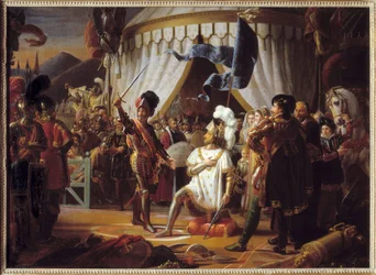Francesco I di Francia chiede di essere nominato cavaliere dal Cavaliere Bayard dopo la vittoria alla Battaglia di Marignano, Italia, 1515