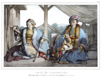 Ismael, Bey e Mehemet Pasha, figlio di Veli, pascià della Tessaglia e nipote di Ali Tebelen (1741-1822), visir di Janina, in "Viaggio ad Atene e Costantinopoli, o raccolta di ritratti greci e ottomani, vedute e costumi, dipinti sul posto o dopo la natura"
