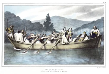 Ali Pascià di Giannina (1741-1822), caccia sul lago Butrinto nel marzo 1819. in "Viaggio ad Atene e Costantinopoli, o raccolta di ritratti greci e ottomani, vedute e costumi, dipinti sul posto secondo natura, litografie e colori di Louis Dupré (1789-1837),