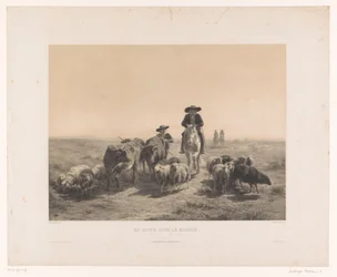 Contadino e pastore con mucche e pecore in viaggio verso il mercato