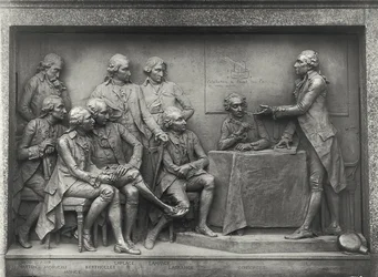 Antoine Laurent Lavoisier (1743-94) che spiega la sua analisi dell