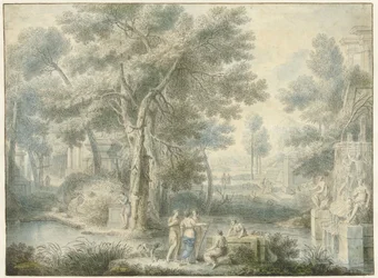 Paesaggio arcadico, con una fontana a destra