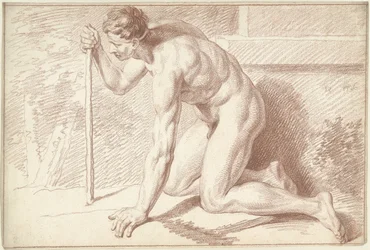 Nudo maschile, inginocchiato, con bastone, verso sinistra