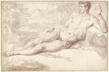 Nudo maschile, sdraiato sul fianco, verso destra