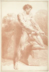 Nudo maschile in piedi, che tira una corda