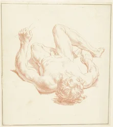 Studio di nudo maschile, sdraiato sulla schiena, in scorcio