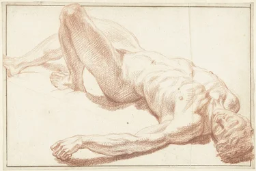 Studio di nudo maschile, sdraiato sulla schiena, con gamba distesa
