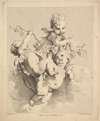 Tre Cupidi che giocano con rami di vite