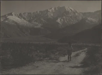 [Donna che cammina sul sentiero verso le montagne]