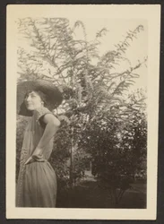 [Donna con cappello in piedi nel frutteto]