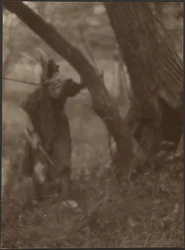 [Donna con copricapo dietro un albero]