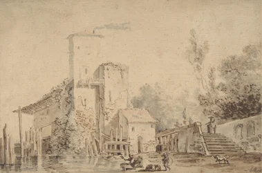 Casa colonica vicino a un fiume con figure